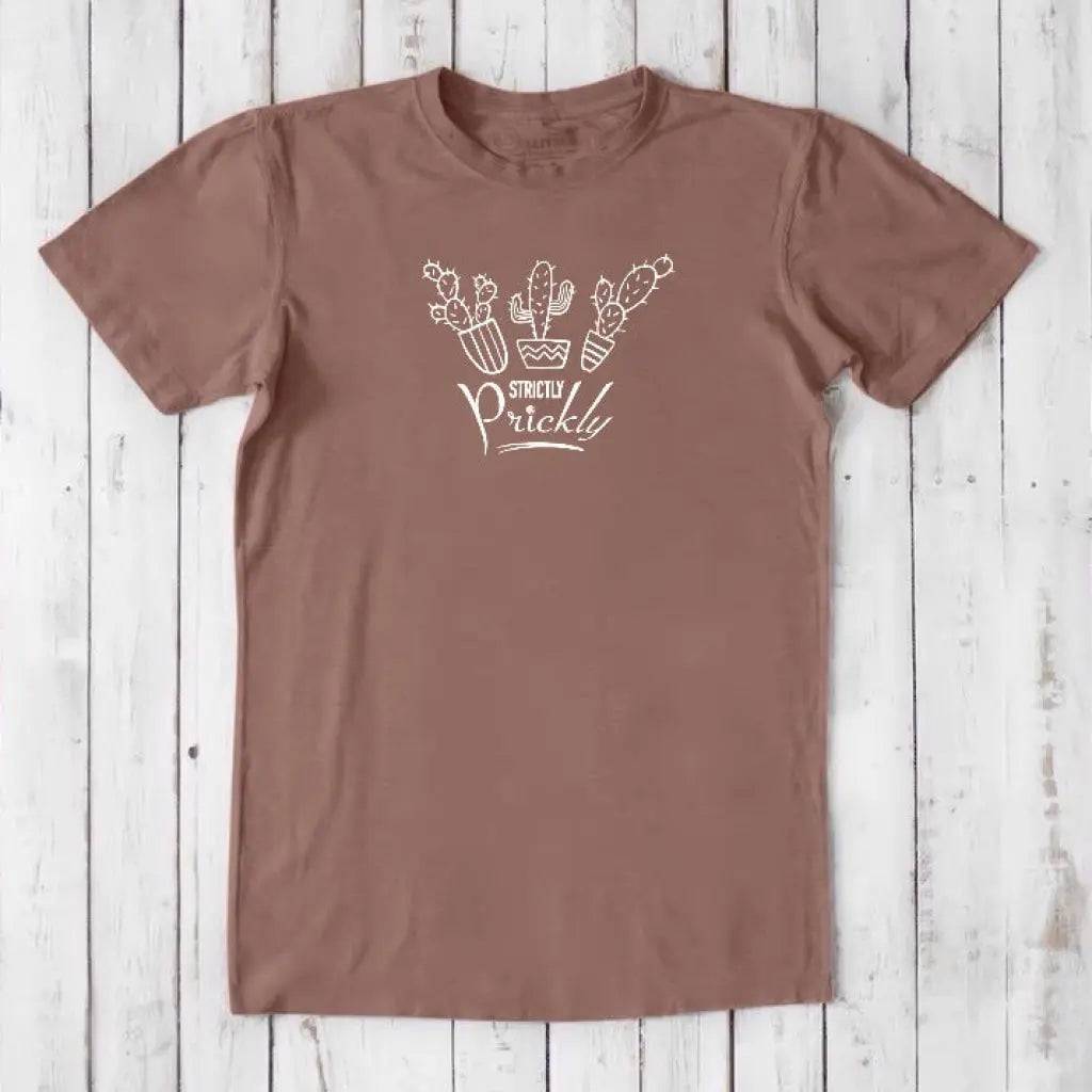 Clay brown men's cactus T-shirt made from bamboo and organic cotton. 'Strictly Prickly' graphic, sustainable gift idea by Uni-T.