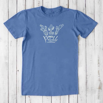 Blue men's cactus T-shirt in bamboo and organic cotton with 'Strictly Prickly' design. Classic fit eco-friendly tee by Uni-T.