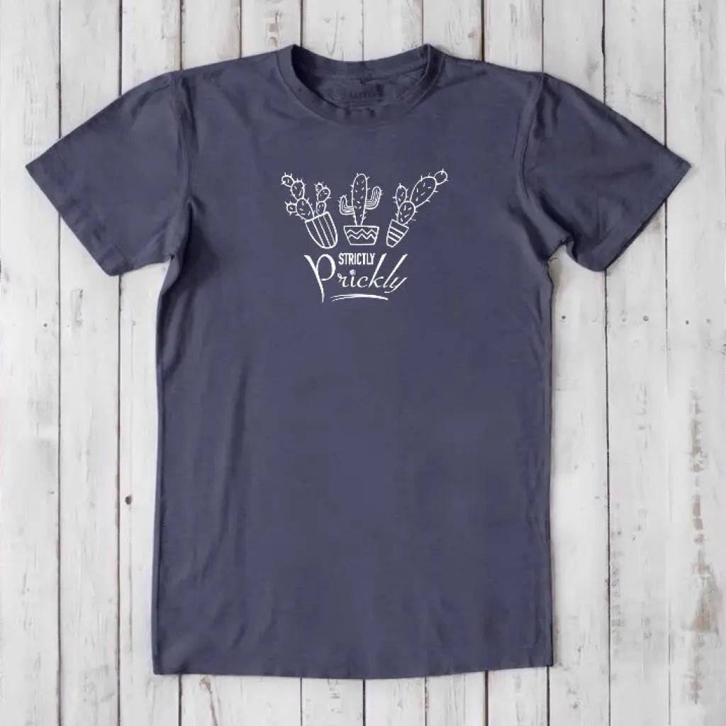 Charcoal blue men's bamboo and organic cotton T-shirt with 'Strictly Prickly' cactus graphic. Sustainable funny tee by Uni-T.