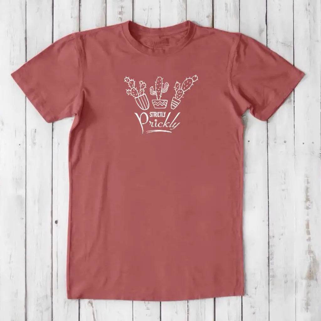 Rust red men's cactus T-shirt made from bamboo and organic cotton. Features 'Strictly Prickly' graphic, perfect gift for him.