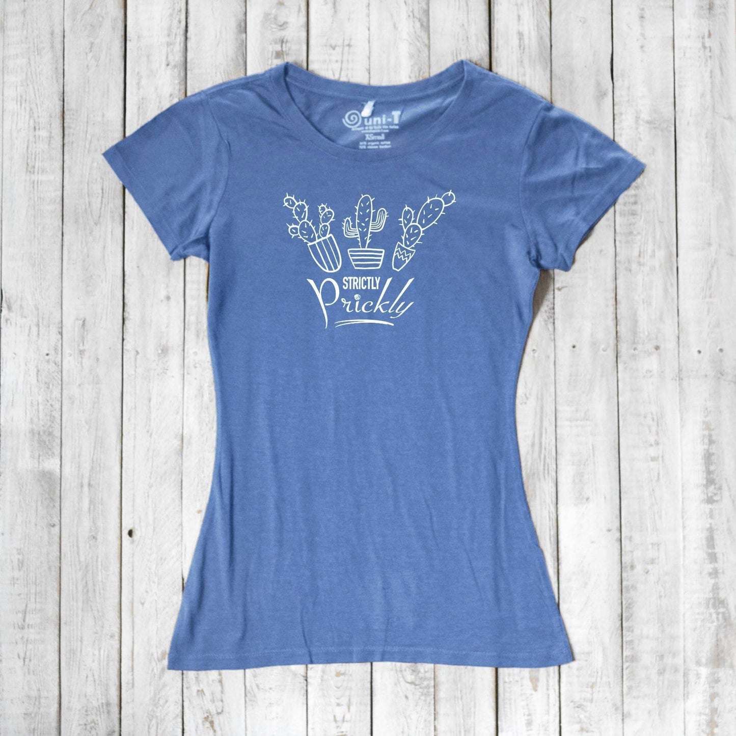 Blue cactus t-shirt for women with white 'Strictly Prickly' graphic. Eco-friendly bamboo and organic cotton blend for comfort and style.