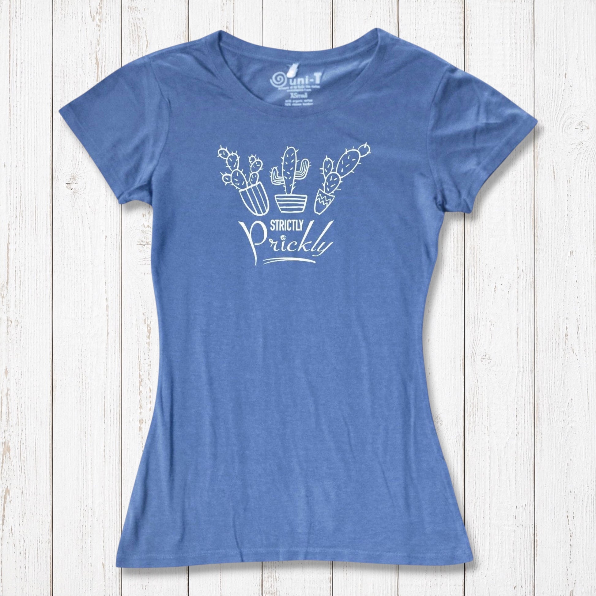 Blue cactus t-shirt for women with white 'Strictly Prickly' graphic. Eco-friendly bamboo and organic cotton blend for comfort and style.