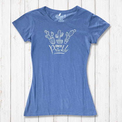 Blue cactus t-shirt for women with white 'Strictly Prickly' graphic. Eco-friendly bamboo and organic cotton blend for comfort and style.