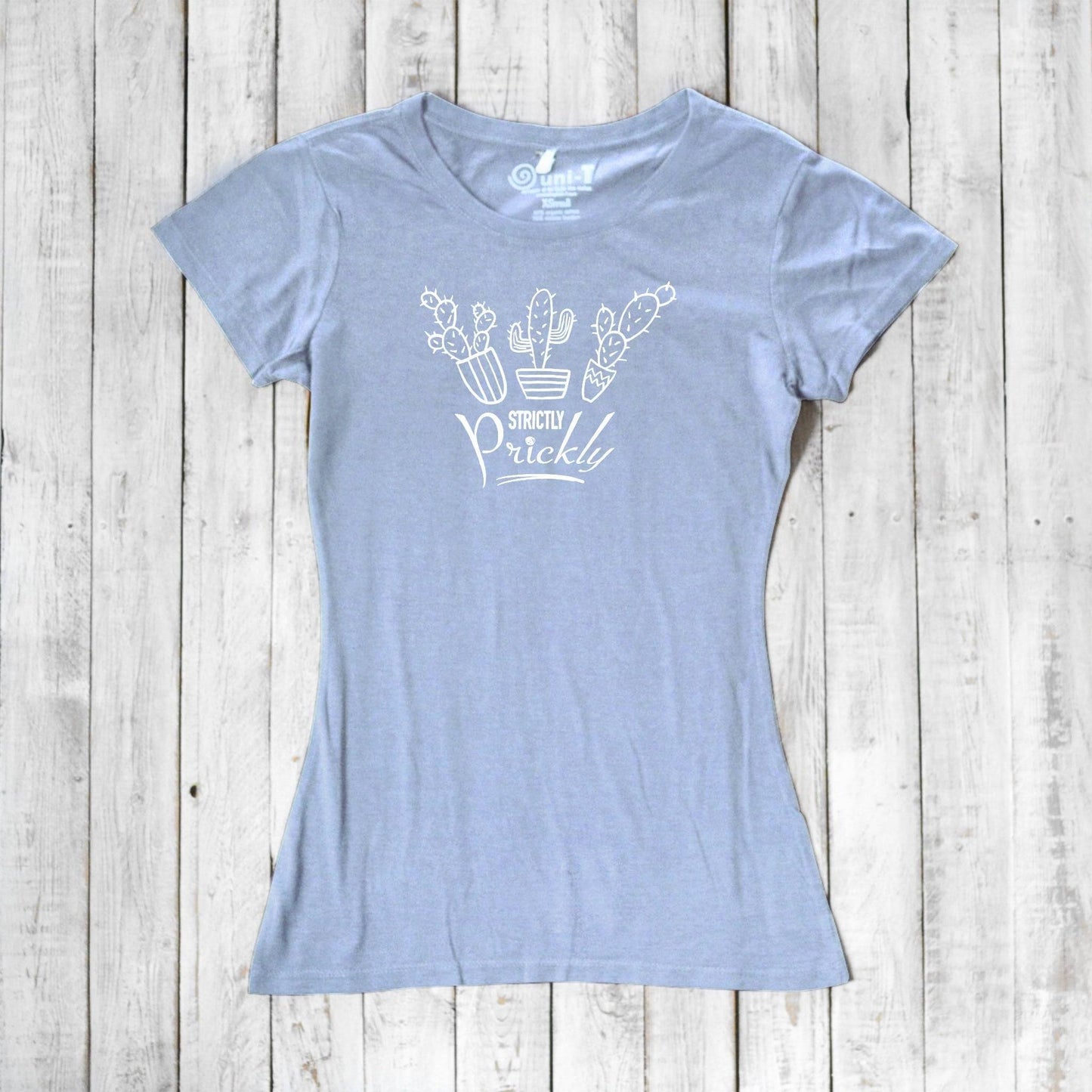 Light blue cactus t-shirt for women with white 'Strictly Prickly' print. Eco-friendly bamboo and organic cotton blend for soft, breathable wear.