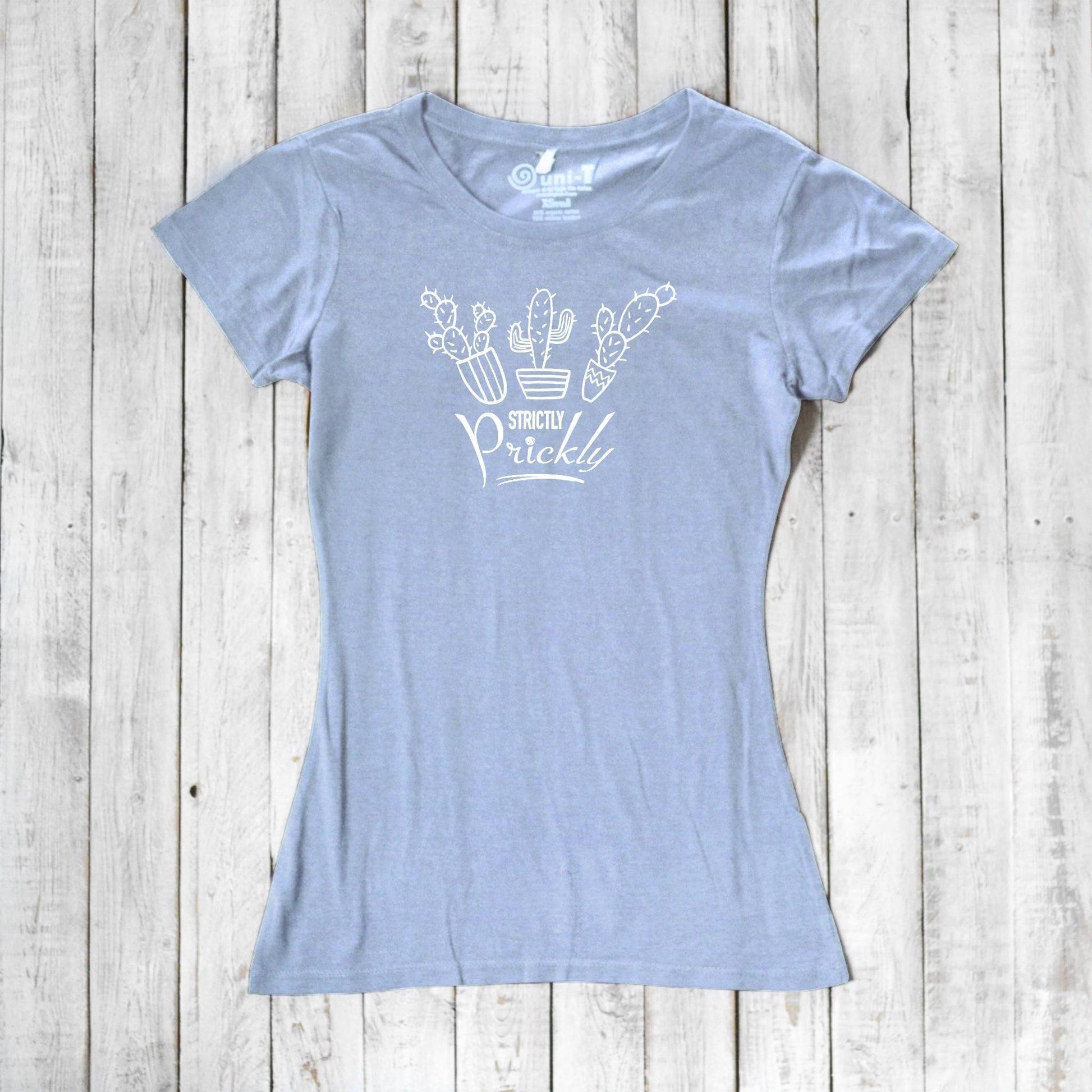 Light blue cactus t-shirt for women with white 'Strictly Prickly' print. Eco-friendly bamboo and organic cotton blend for soft, breathable wear.