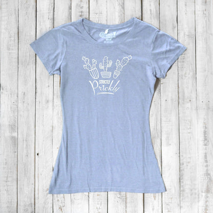 Light blue cactus t-shirt for women with white 'Strictly Prickly' print. Eco-friendly bamboo and organic cotton blend for soft, breathable wear.