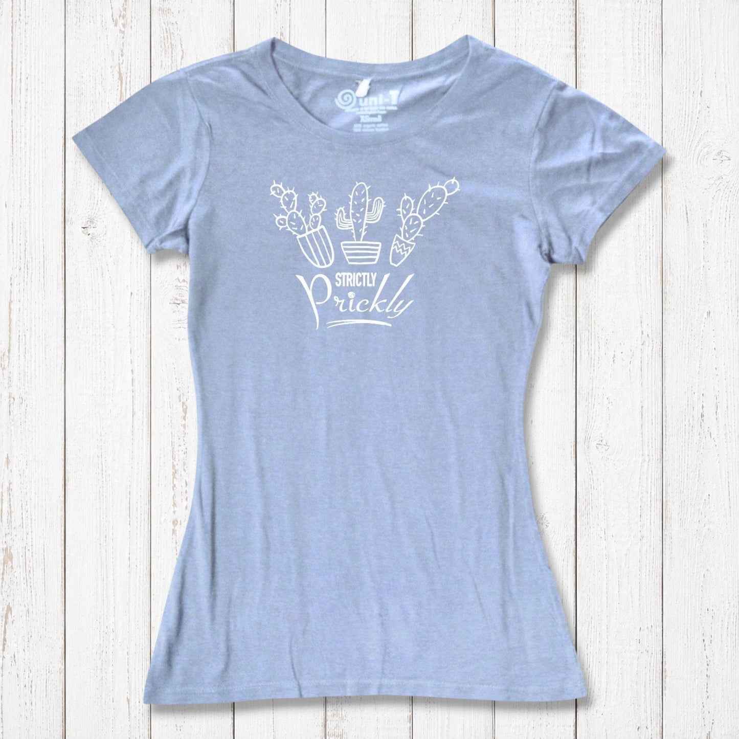 Light blue cactus t-shirt for women with white 'Strictly Prickly' print. Eco-friendly bamboo and organic cotton blend for soft, breathable wear.