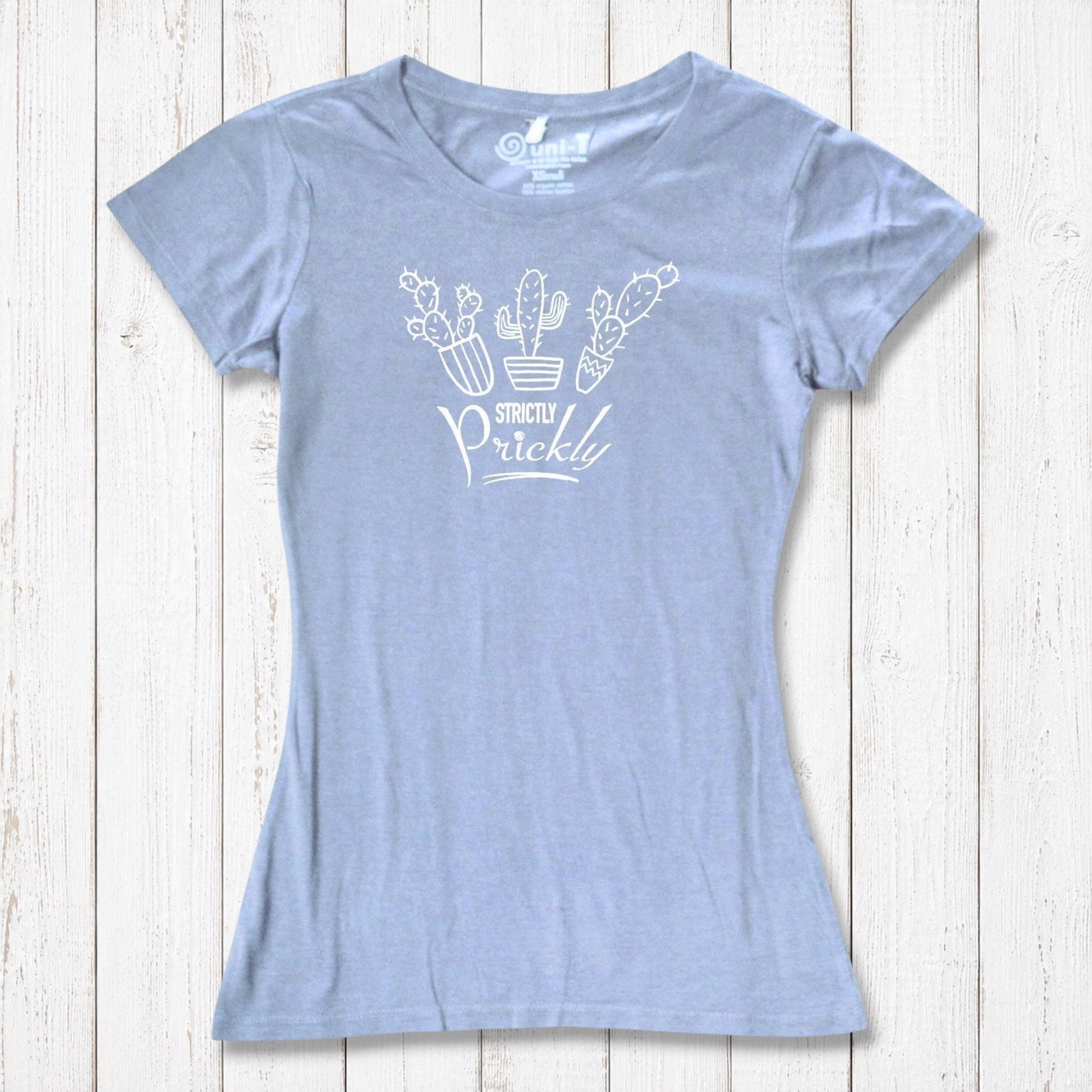 Light blue cactus t-shirt for women with white 'Strictly Prickly' print. Eco-friendly bamboo and organic cotton blend for soft, breathable wear.