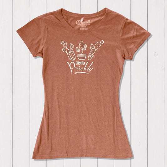 Eco-friendly cactus t-shirt for women in rust color with 'Strictly Prickly' graphic. Made from bamboo and organic cotton for sustainable fashion.