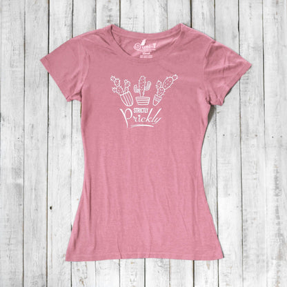 Pink cactus t-shirt for women featuring white 'Strictly Prickly' design. Soft bamboo and organic cotton fabric for sustainable wear.