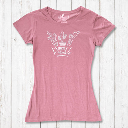 Pink cactus t-shirt for women featuring white 'Strictly Prickly' design. Soft bamboo and organic cotton fabric for sustainable wear.