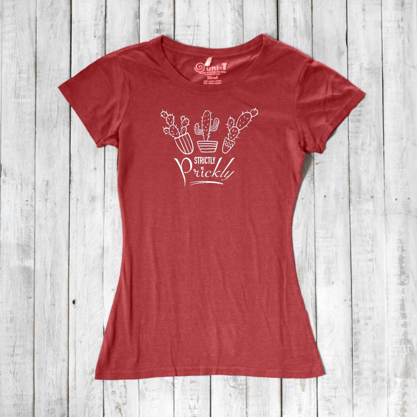 Red cactus t-shirt for women with white 'Strictly Prickly' graphic. Eco-friendly blend of bamboo and organic cotton for sustainable fashion.