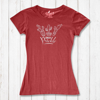 Red cactus t-shirt for women with white 'Strictly Prickly' graphic. Eco-friendly blend of bamboo and organic cotton for sustainable fashion.