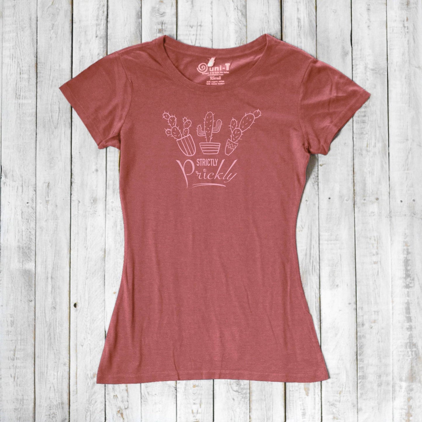 Dusty rose cactus t-shirt for women with pink 'Strictly Prickly' design. Made from soft bamboo and organic cotton for eco-conscious style.