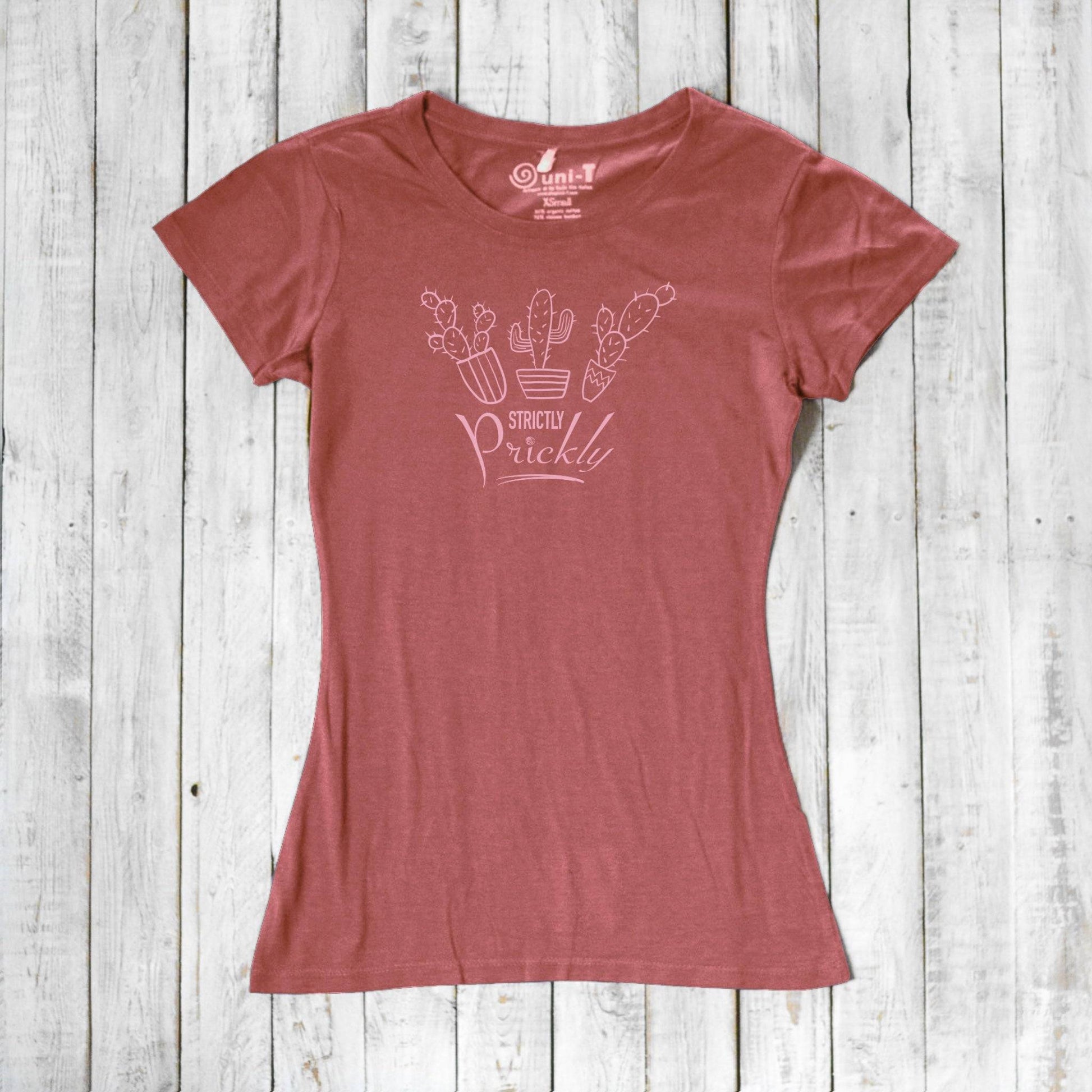 Dusty rose cactus t-shirt for women with pink 'Strictly Prickly' design. Made from soft bamboo and organic cotton for eco-conscious style.
