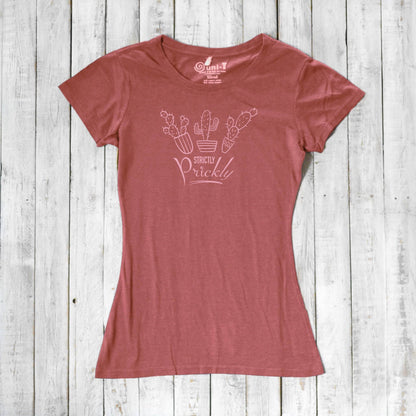 Dusty rose cactus t-shirt for women with pink 'Strictly Prickly' design. Made from soft bamboo and organic cotton for eco-conscious style.