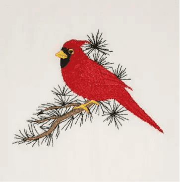 Close-up of red cardinal embroidery on Cardinal Embroidered Towel - Nature Decor | Quality Material, highlighting stitching detail and pine branch.