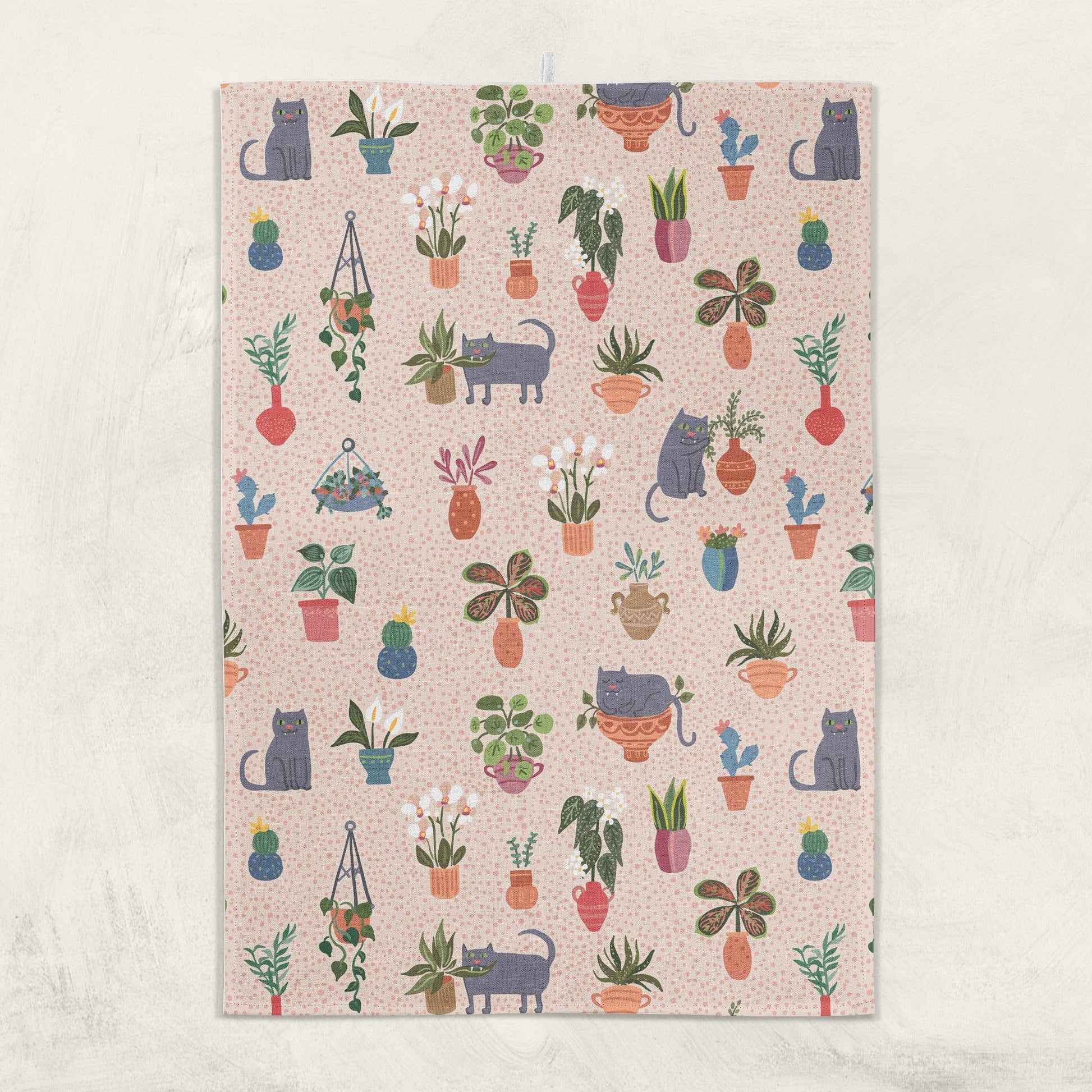Decorative cats and potted plants kitchen towel