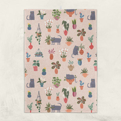 Decorative cats and potted plants kitchen towel