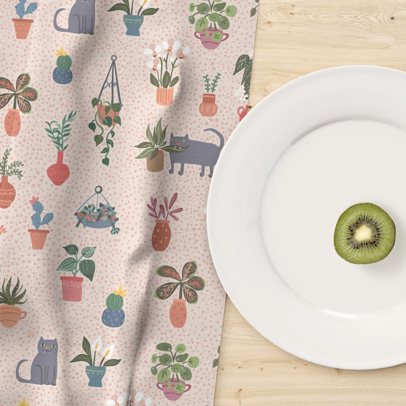 Cats and houseplants pattern linen cotton towel