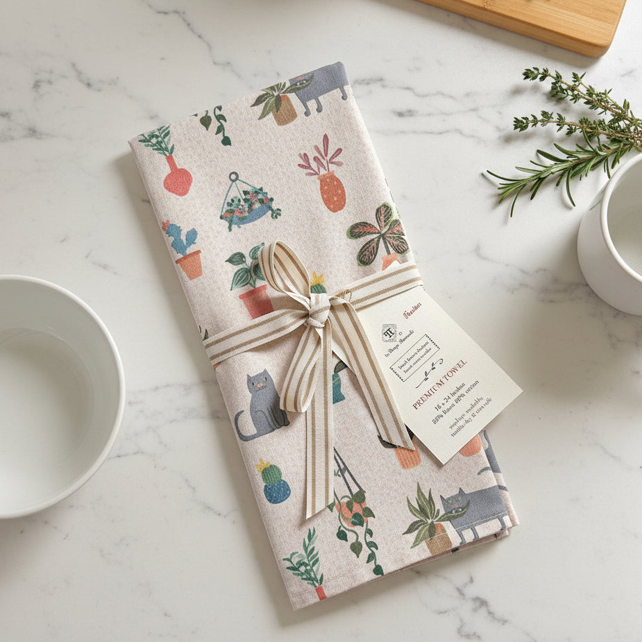 Colorful cats and plant print linen towel