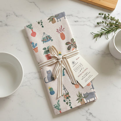Colorful cats and plant print linen towel