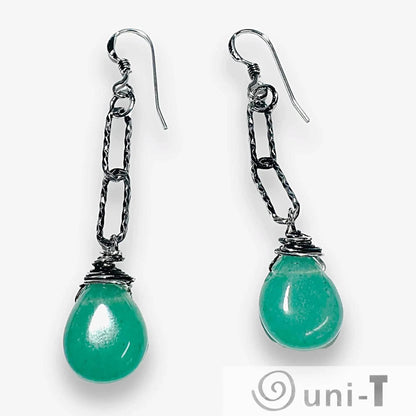 Chalcedony earrings with green gemstone drops and sterling silver chain links, perfect for elegant accessorizing in jewelry collections.