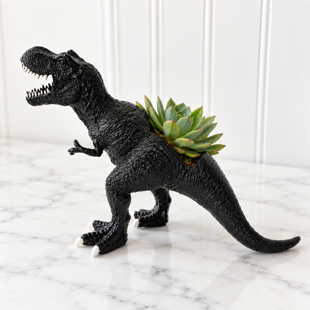 Up-cycled Black T-rex Dinosaur Planter