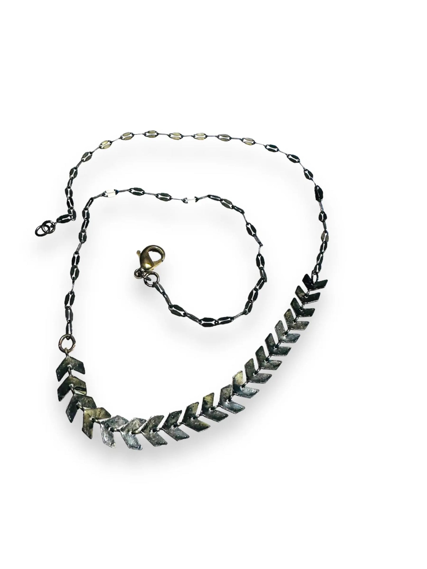 Handcrafted Chevron Brass Necklace with 16-inch antique brass chain, ideal for layering or wearing solo as a minimalist statement piece.