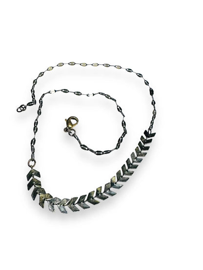 Handcrafted Chevron Brass Necklace with 16-inch antique brass chain, ideal for layering or wearing solo as a minimalist statement piece.
