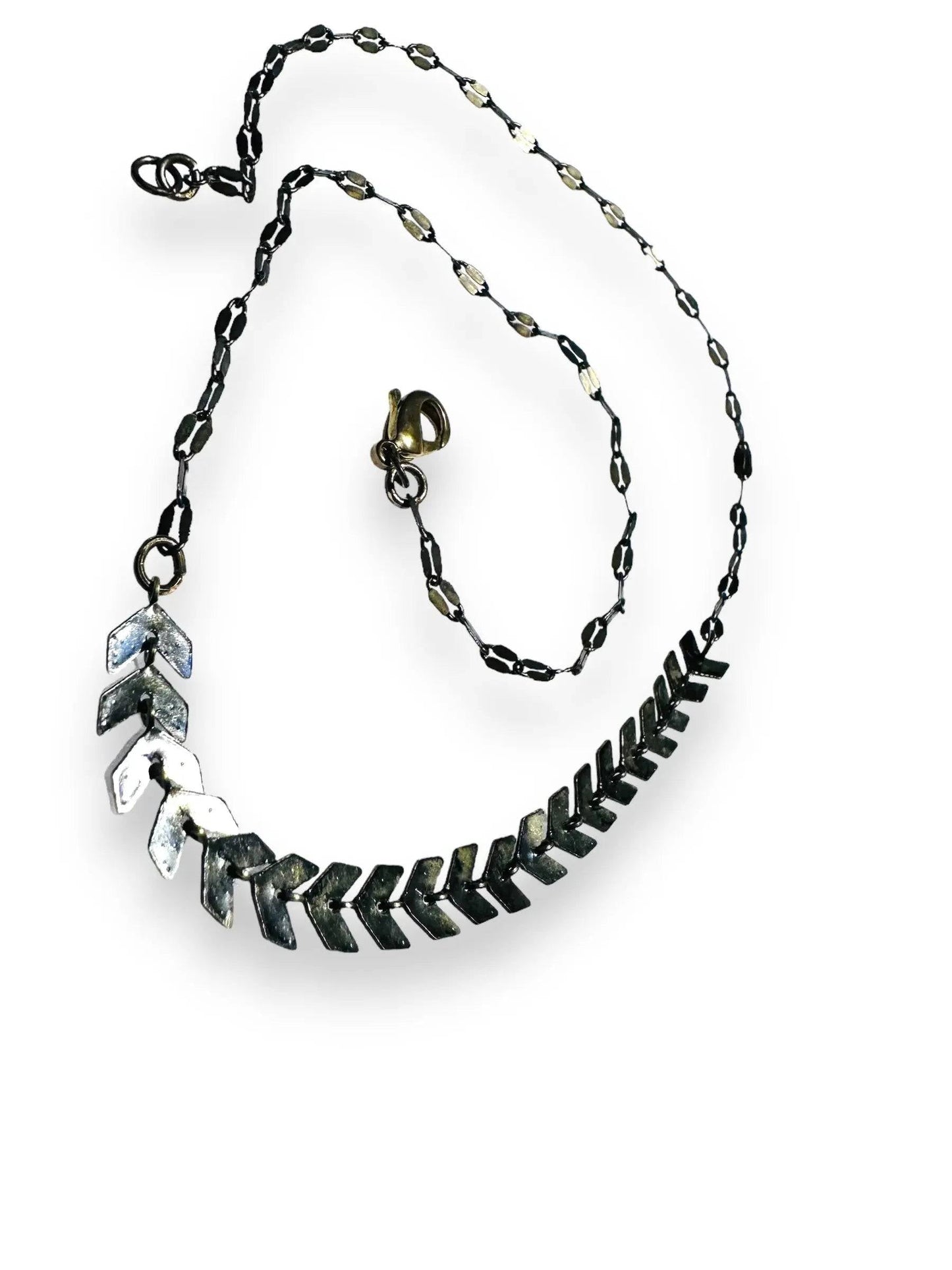 Chevron Brass Necklace featuring oxidized antique brass chain and chevron links, perfect for casual or dressy apparel accessories.