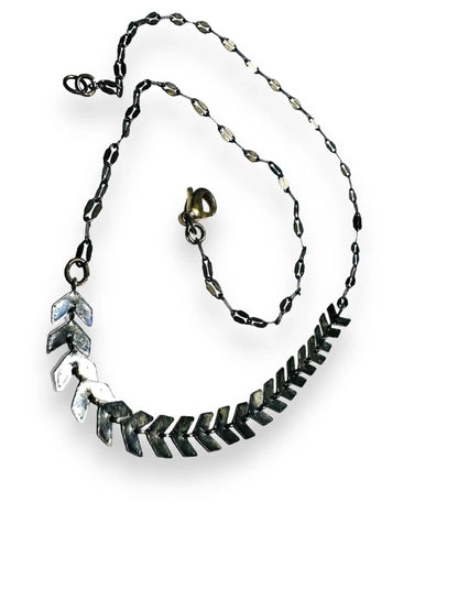 Chevron Brass Necklace featuring oxidized antique brass chain and chevron links, perfect for casual or dressy apparel accessories.