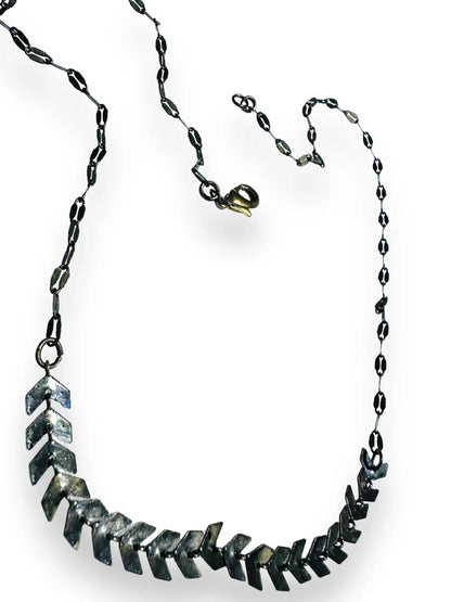 Chevron Brass Necklace - 16-Inch Length with antique finish, designed with chevron-shaped brass accents and a lobster clasp closure.