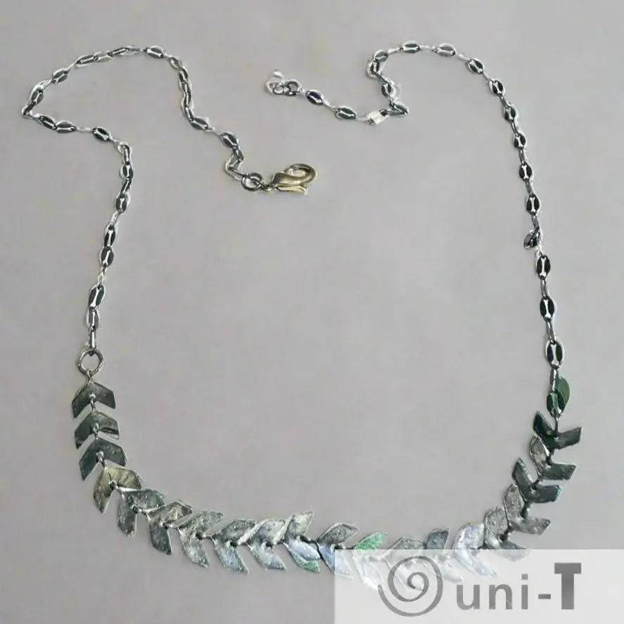 Chevron Brass Necklace with antique brass chain in 16-inch length, featuring textured chevron links for a vintage-inspired jewelry look.