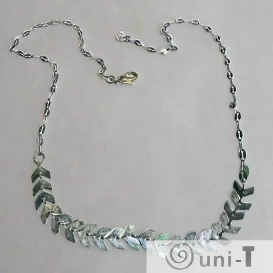 Chevron Brass Necklace with antique brass chain in 16-inch length, featuring textured chevron links for a vintage-inspired jewelry look.