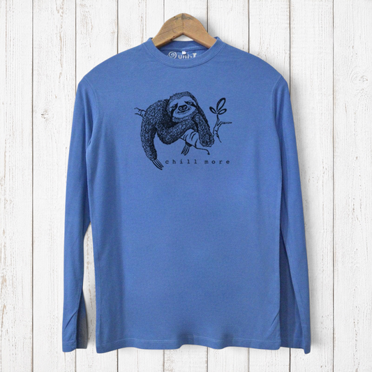 Blue 'Chill More' Sloth Long Sleeve T-shirt for men made from eco-friendly bamboo and organic cotton with relaxed fit and sloth graphic.