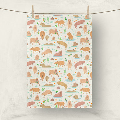Capybaras linen dish towel with packaging