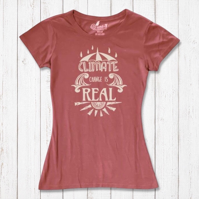 Women's Climate Change T-Shirt in bamboo & organic cotton, terracotta color with bold 'Climate Change is Real' eco-activist graphic print.