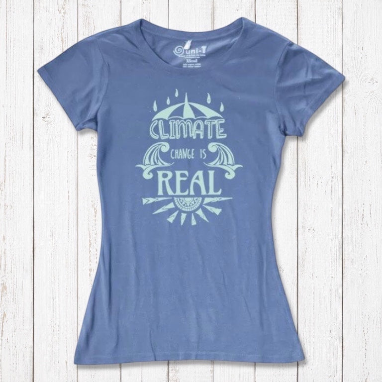 Blue Women's Climate Change T-Shirt made from bamboo & organic cotton, featuring 'Climate Change is Real' statement for eco-conscious shoppers.