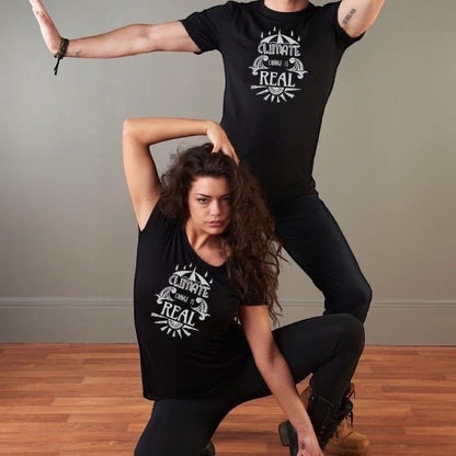 Matching black Climate Change T-Shirts for men and women in bamboo & organic cotton, bold activist graphic for sustainable fashion lovers.