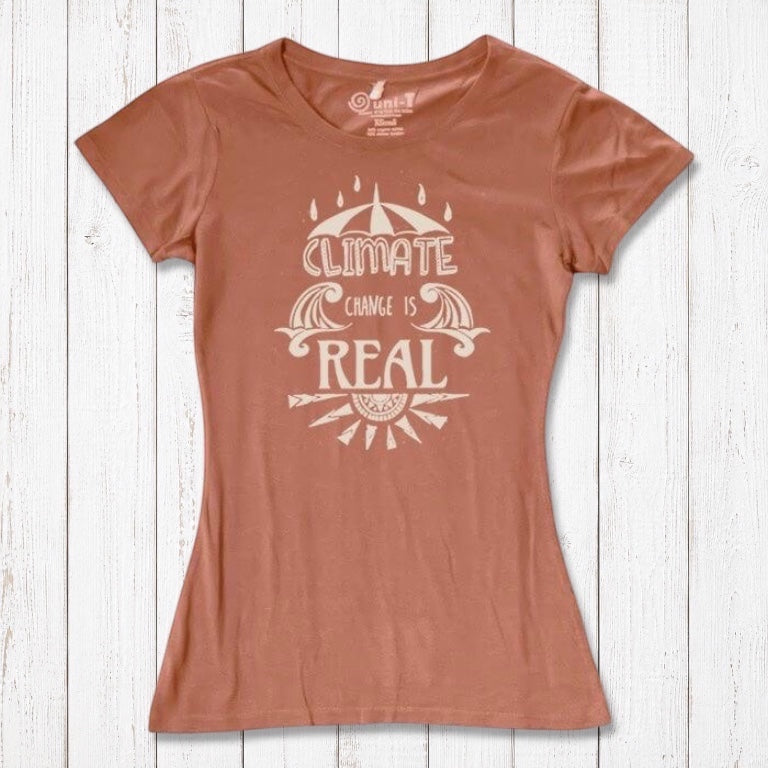 Rust-colored Women's Climate Change T-Shirt in bamboo & organic cotton, featuring bold 'Climate Change is Real' graphic for eco-activist style.