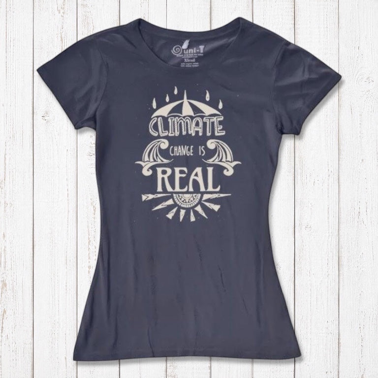 Charcoal Women's Climate Change T-Shirt in bamboo & organic cotton, with bold environmental statement graphic for sustainable fashion shoppers.