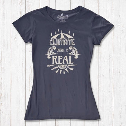 Charcoal Women's Climate Change T-Shirt in bamboo & organic cotton, with bold environmental statement graphic for sustainable fashion shoppers.
