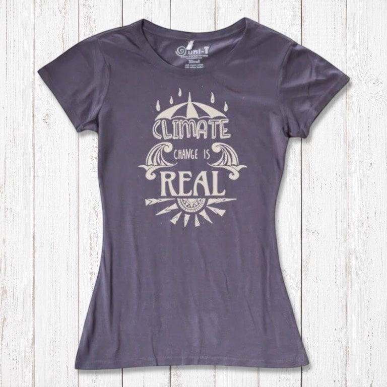 Slate purple Women's Climate Change T-Shirt in bamboo & organic cotton, featuring 'Climate Change is Real' activist message for eco-conscious wear.