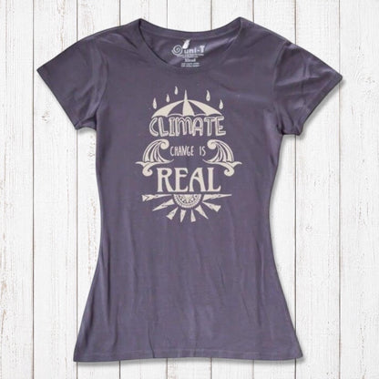 Slate purple Women's Climate Change T-Shirt in bamboo & organic cotton, featuring 'Climate Change is Real' activist message for eco-conscious wear.