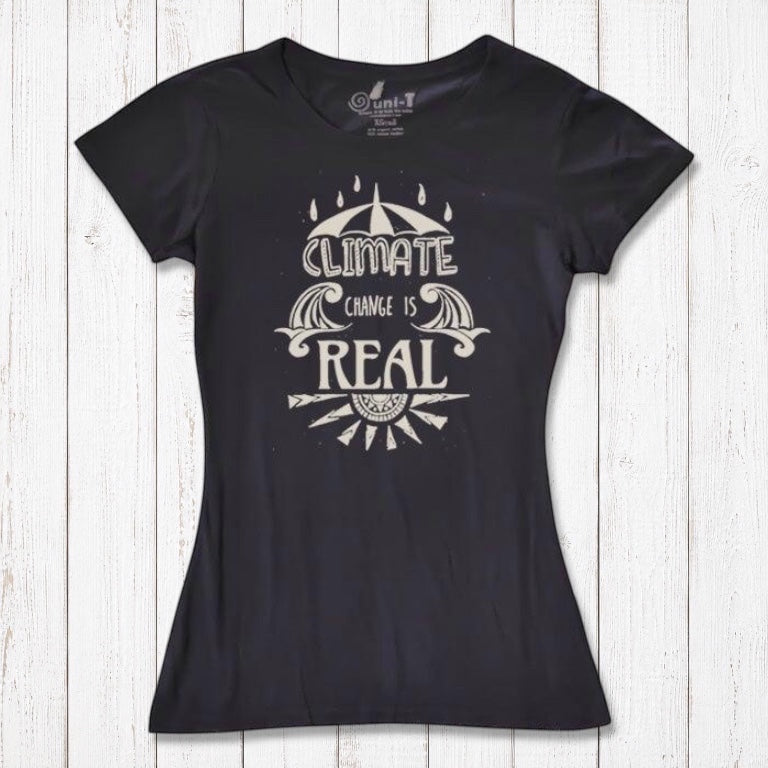 Black Women's Climate Change T-Shirt in bamboo & organic cotton, with bold white 'Climate Change is Real' graphic for activist apparel lovers.