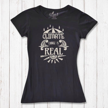 Black Women's Climate Change T-Shirt in bamboo & organic cotton, with bold white 'Climate Change is Real' graphic for activist apparel lovers.