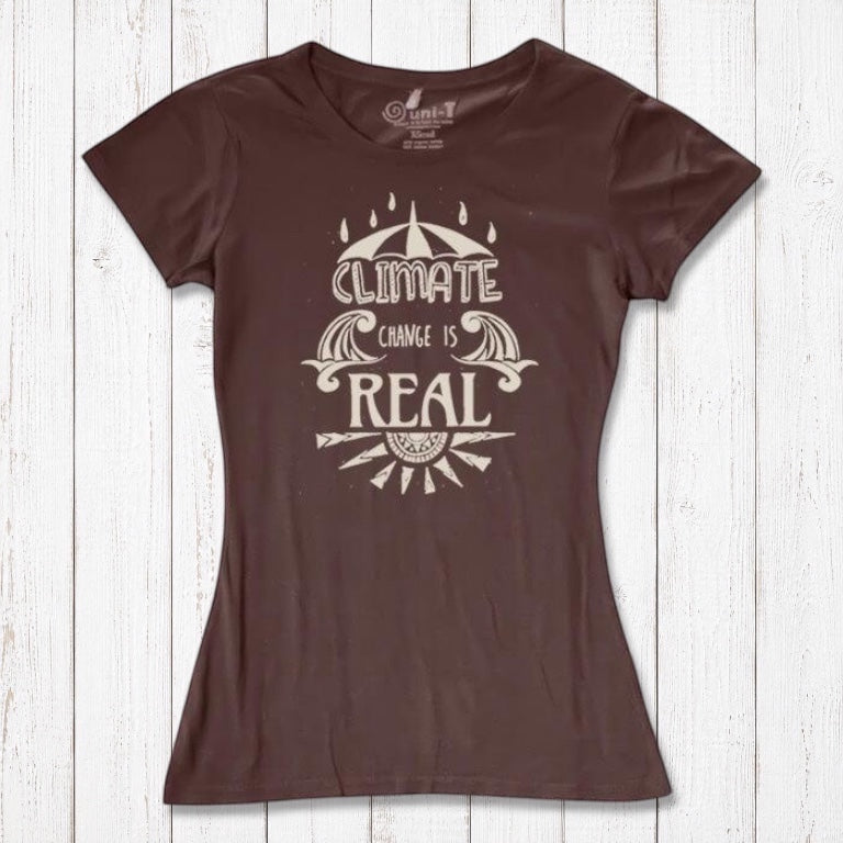 Brown Women's Climate Change T-Shirt in bamboo & organic cotton, featuring bold environmental message for sustainable fashion enthusiasts.