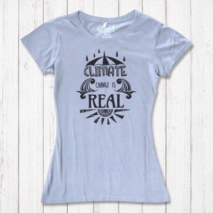 Light blue Women's Climate Change T-Shirt in bamboo & organic cotton, with black 'Climate Change is Real' graphic for eco-conscious shoppers.