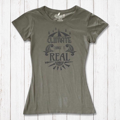 Olive green Women's Climate Change T-Shirt in bamboo & organic cotton, with dark grey 'Climate Change is Real' print for eco-conscious wardrobes.